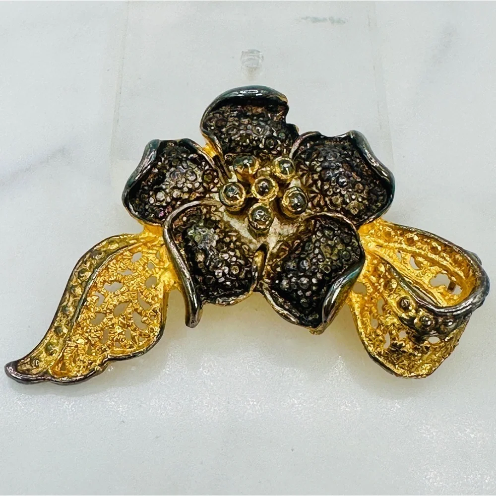 Flower Brooch Pin Gold Tone and Gunmetal Burnished Finish Ribbon Bow Romantic